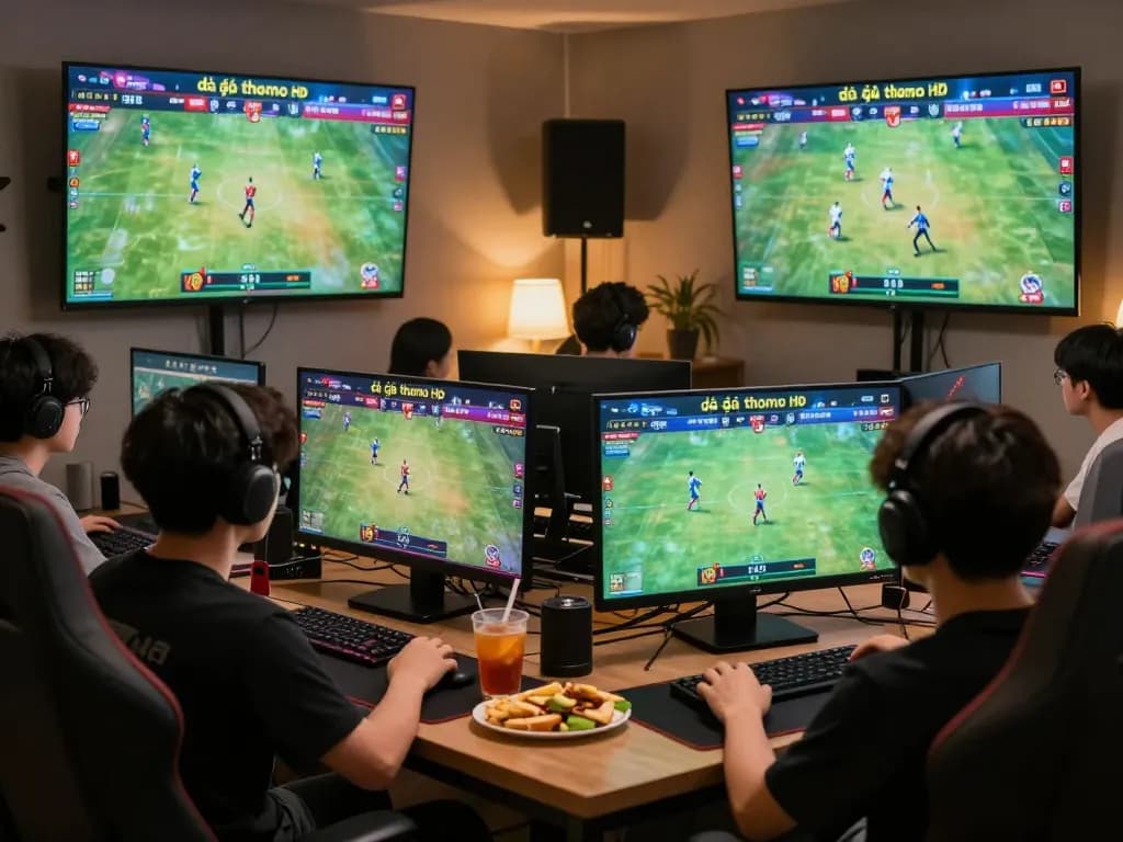 Người xem thưởng thức các buổi phát trực tiếp đá gà thomo HD trên nhiều màn hình, nâng cao trải nghiệm chơi game tại nhà.