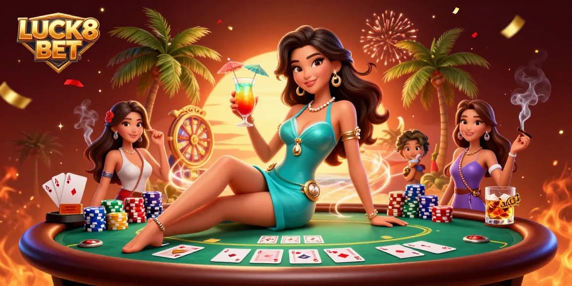 Experience the thrill of LUCK8 BET with a stunning casino scene featuring a glamorous cocktail party in a beach resort.