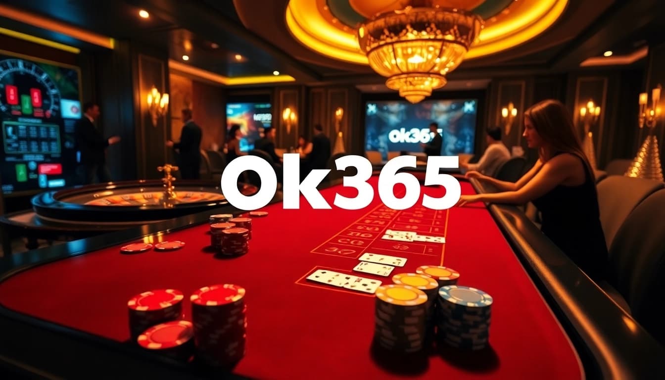 Intense poker action at a luxurious casino table with ok365 branding.