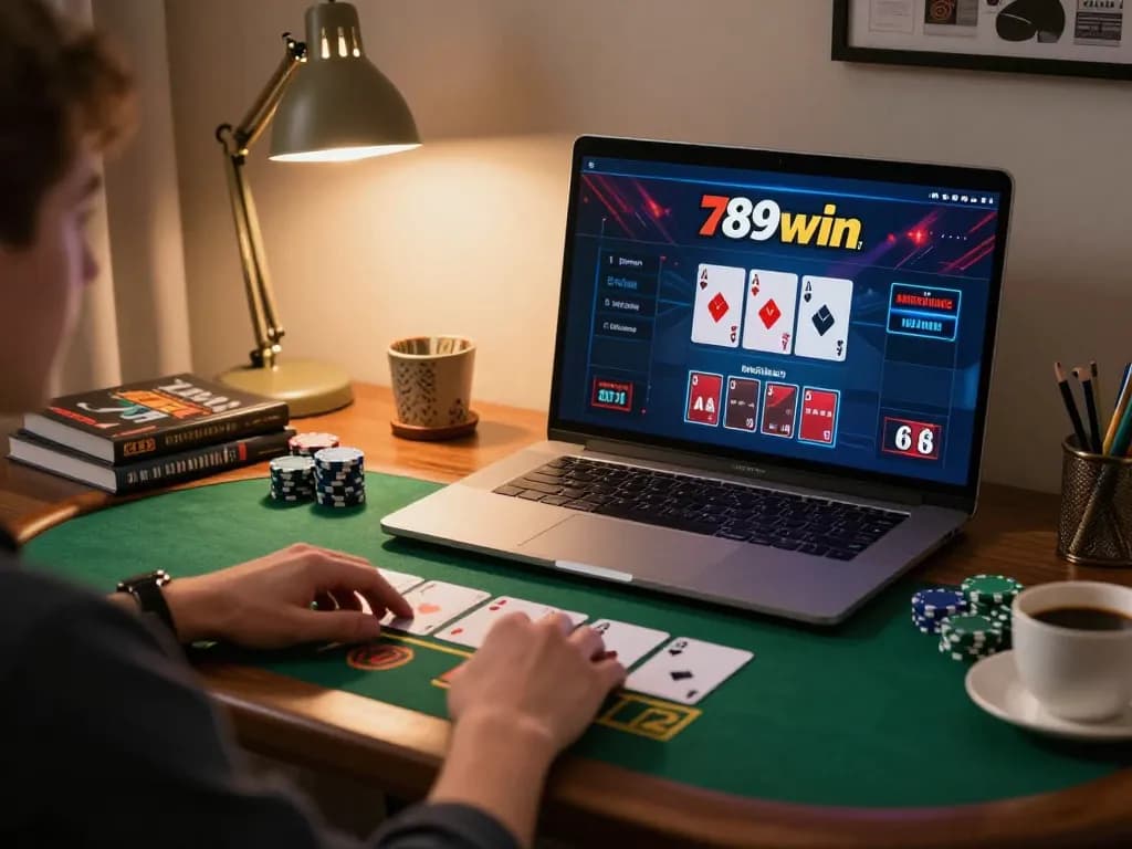 Join the action at 789win .com with live dealer blackjack, showcasing strategic gameplay and vibrant home office atmosphere.