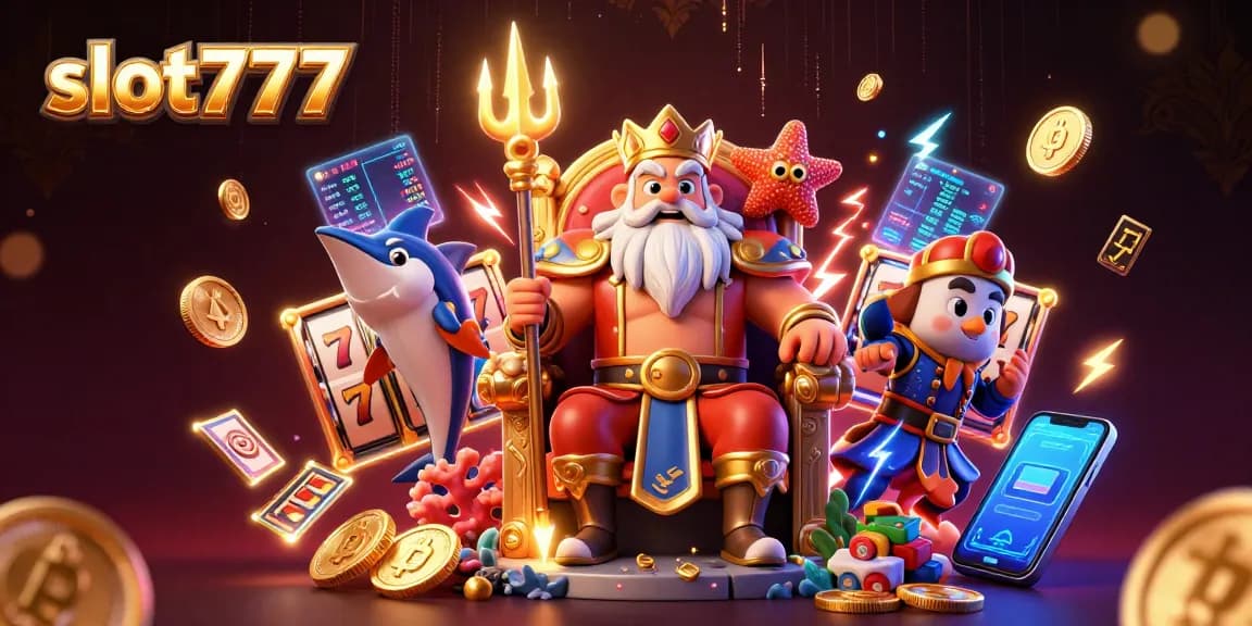 Spin the reels with slot777 and win big in a vibrant 3D casino illustration featuring Neptune and crypto elements.
