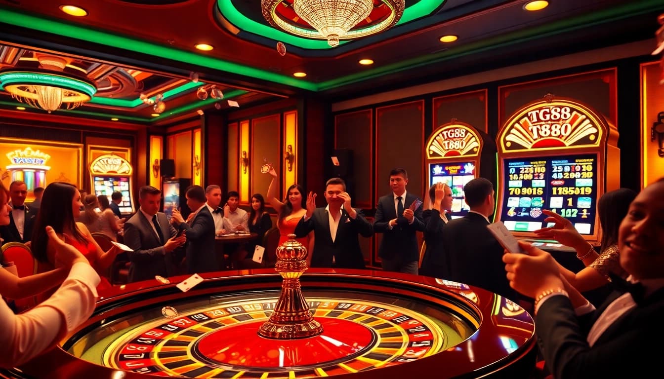 TG88 casino scene with vibrant roulette table and enthusiastic players enjoying games.