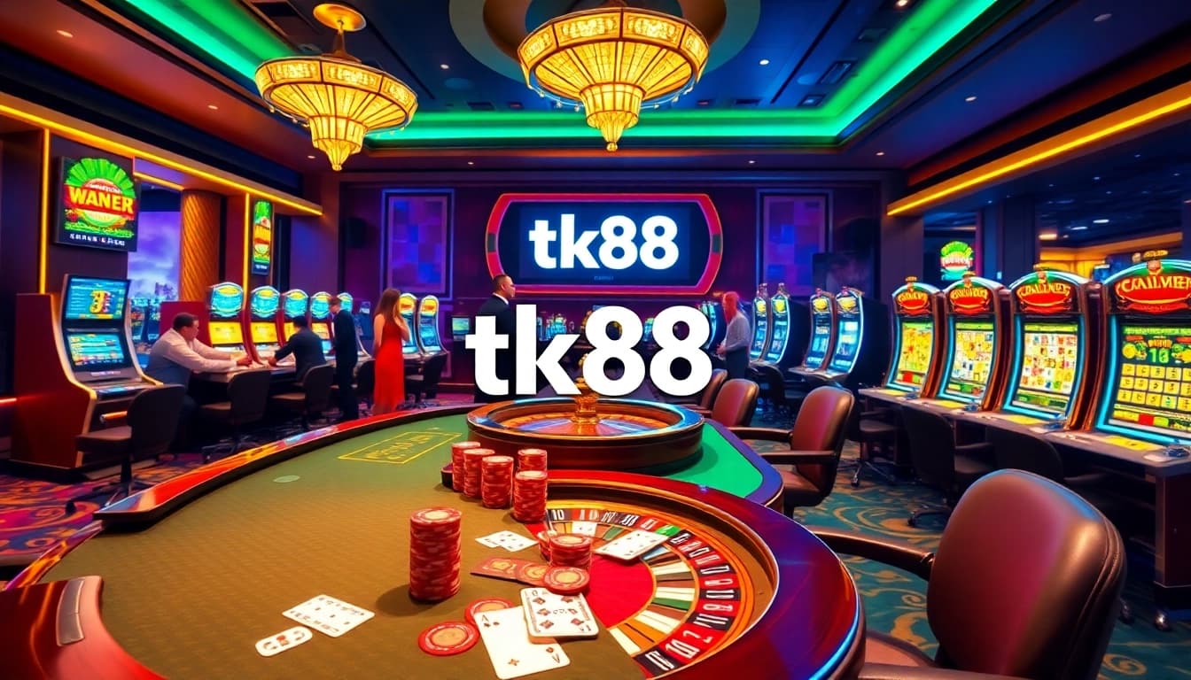 Engaging scene of tk88 poker table and highlights from a vibrant casino atmosphere.