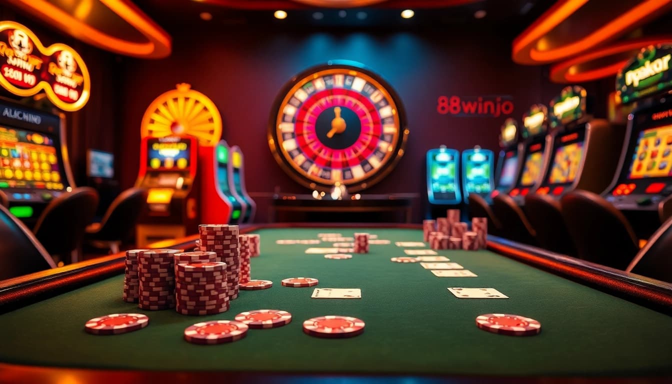 Experience thrilling betting action at https://98win3h.io/ with vibrant casino tables and poker chips.