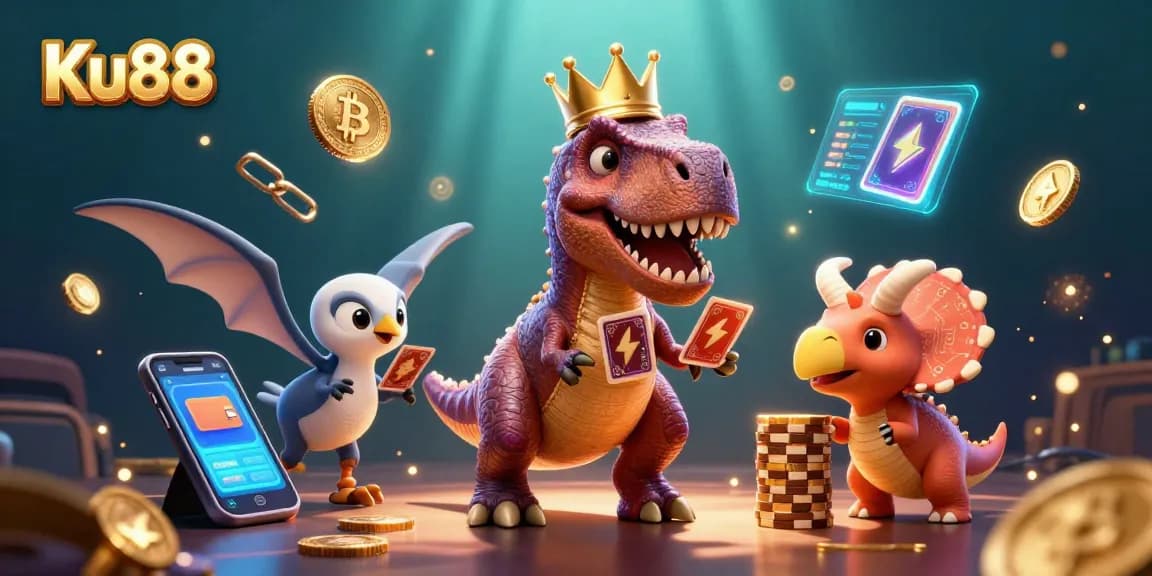 Engage with Ku88 in a vibrant casino scene featuring a playful T-Rex shuffling cards.