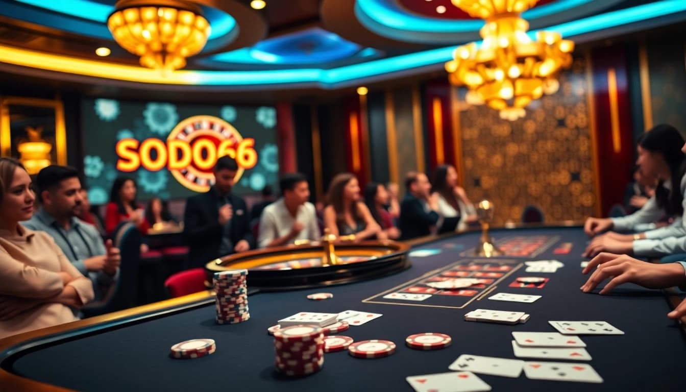 SODO66 players engaging at a high-stakes poker table in a luxurious casino ambiance.