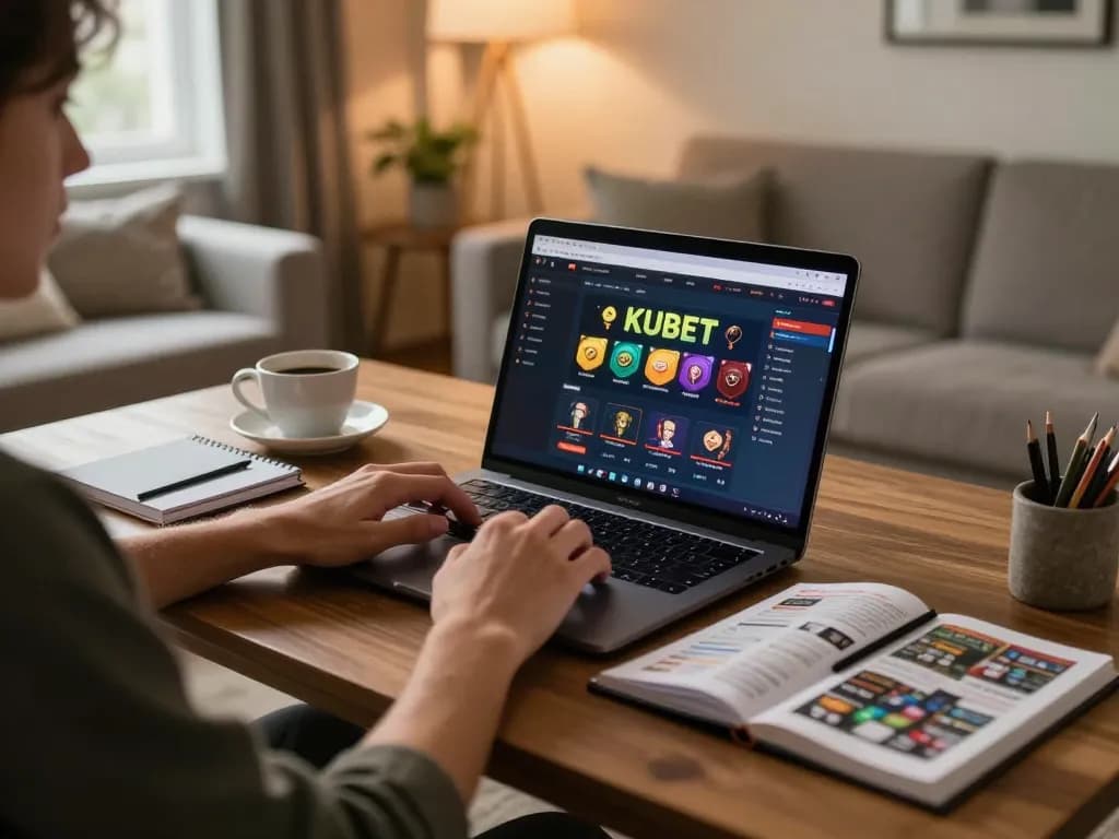 KUBET player engaging in online casino games at home with warm lighting and strategy notes.