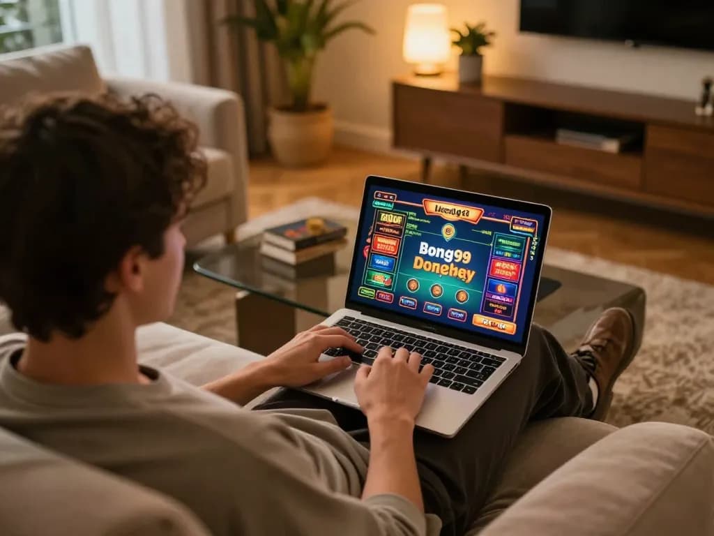 Engaging with bong99 through online gameplay in a cozy home setting, showcasing a strategic gambling experience.