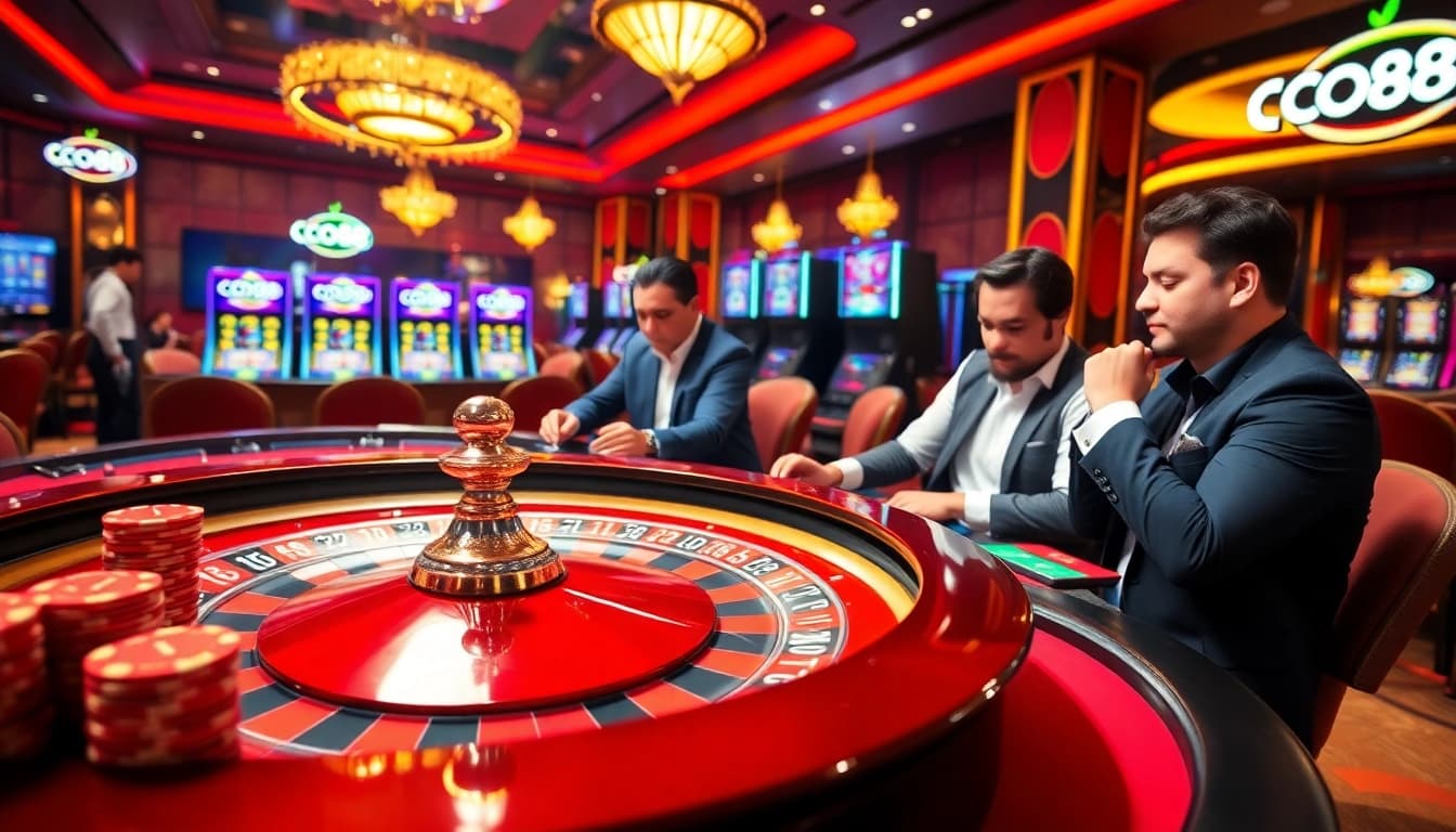 Co88 casino scene with intense poker players and vibrant slot machines.