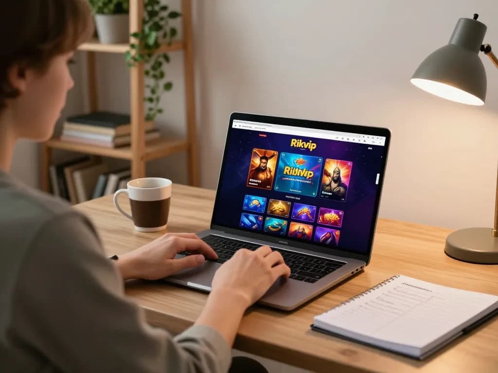 Engaging online gaming experience on Rikvip with a person focused on their laptop and strategy notes.