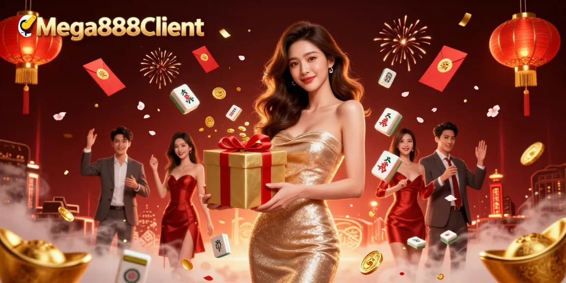 Win big with Mega888Client featuring a glamorous casino scene filled with festive elements and gaming excitement.