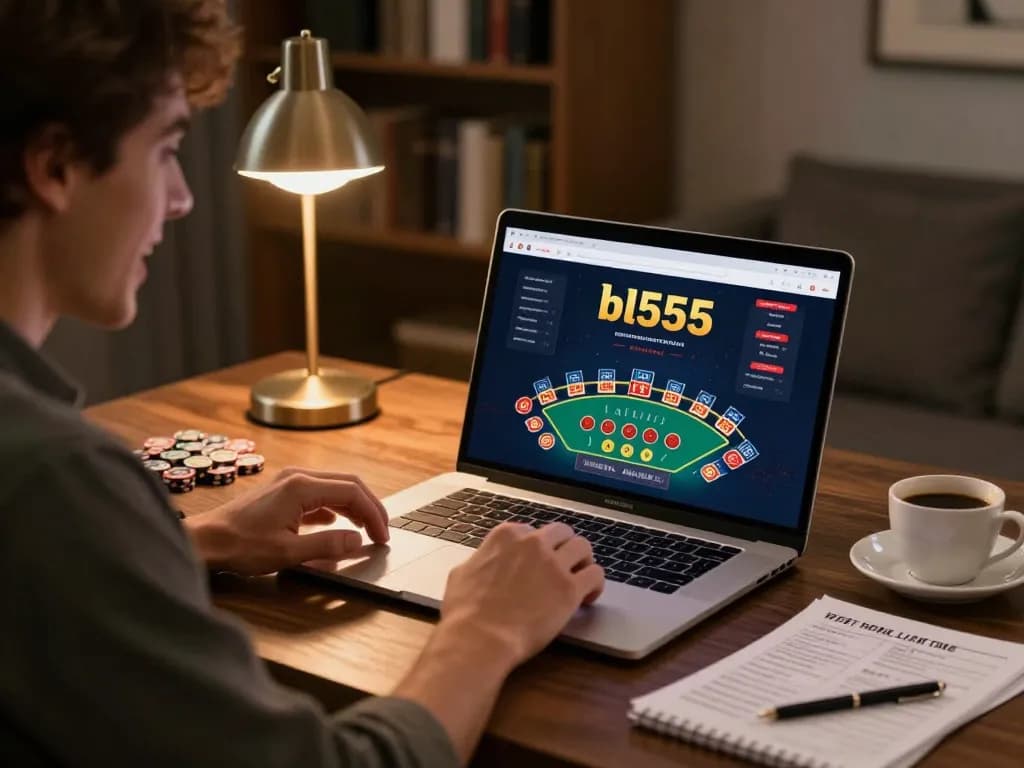 Engaged player using bl555 online casino on laptop, highlighting exciting blackjack action.