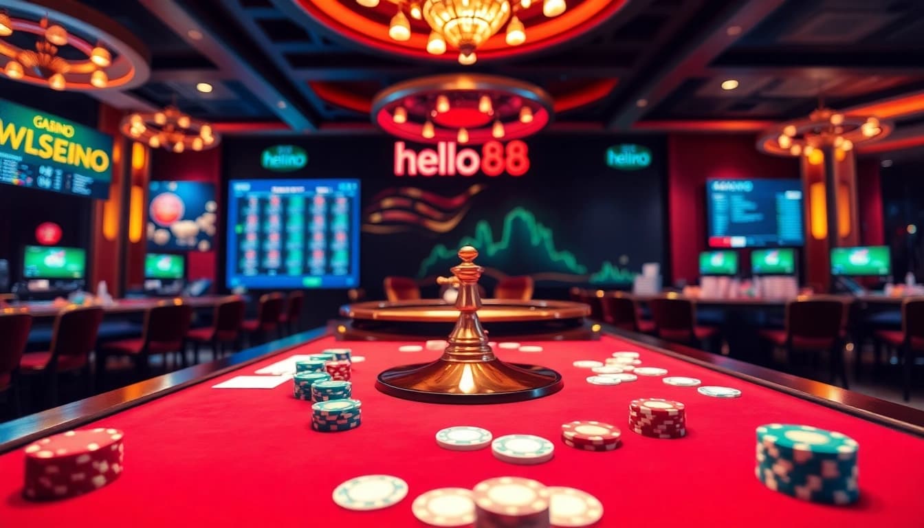 Players enjoying the thrilling games at Hello88 casino, featuring vibrant poker chips and roulette wheels.