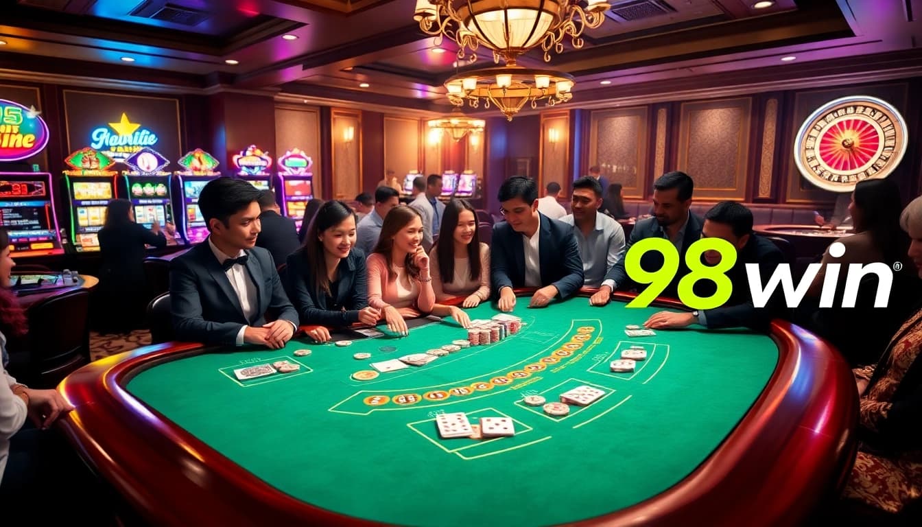 Players winning at blackjack with 98win at a vibrant casino table amid excitement and luxury.