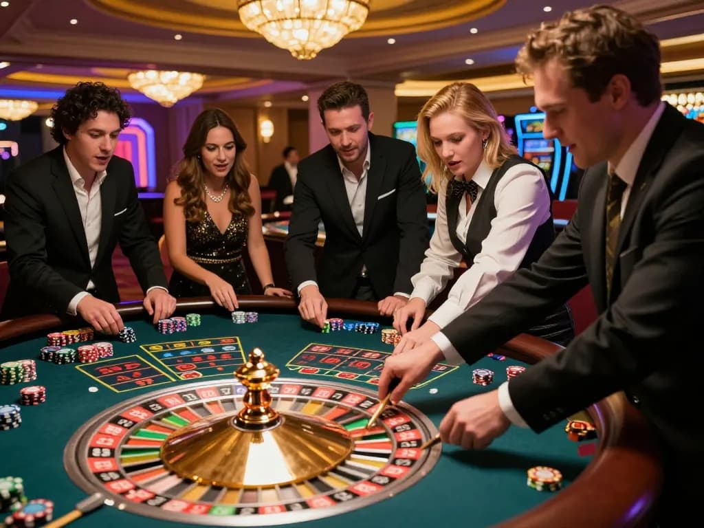 Players engage with the thrilling roulette table at a casino, testing their luck on C174 bets.
