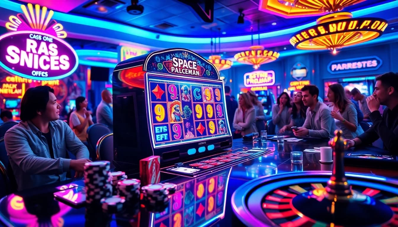 Players engage with the spaceman-themed slot machine at a luxurious casino, eyeing potential wins.