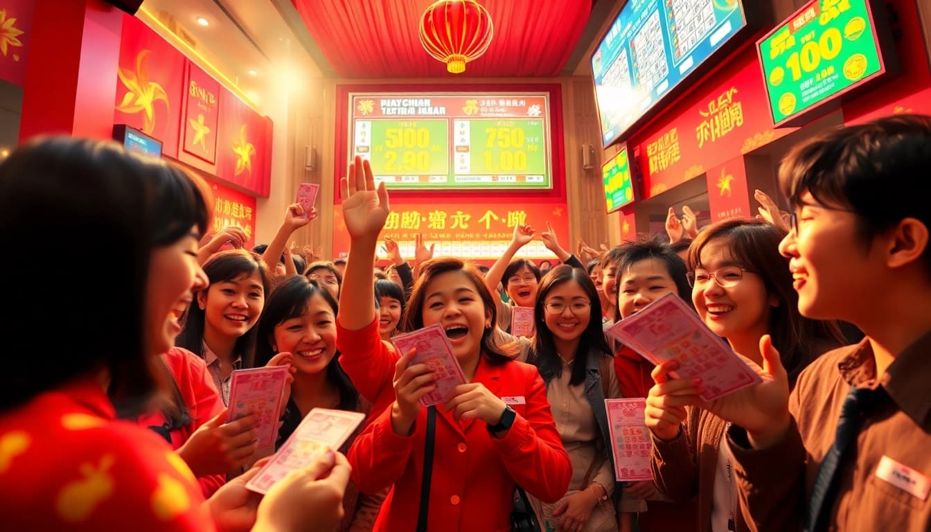 Dynamic scene of people celebrating the excitement of Song thủ lô lottery results in Vietnam.