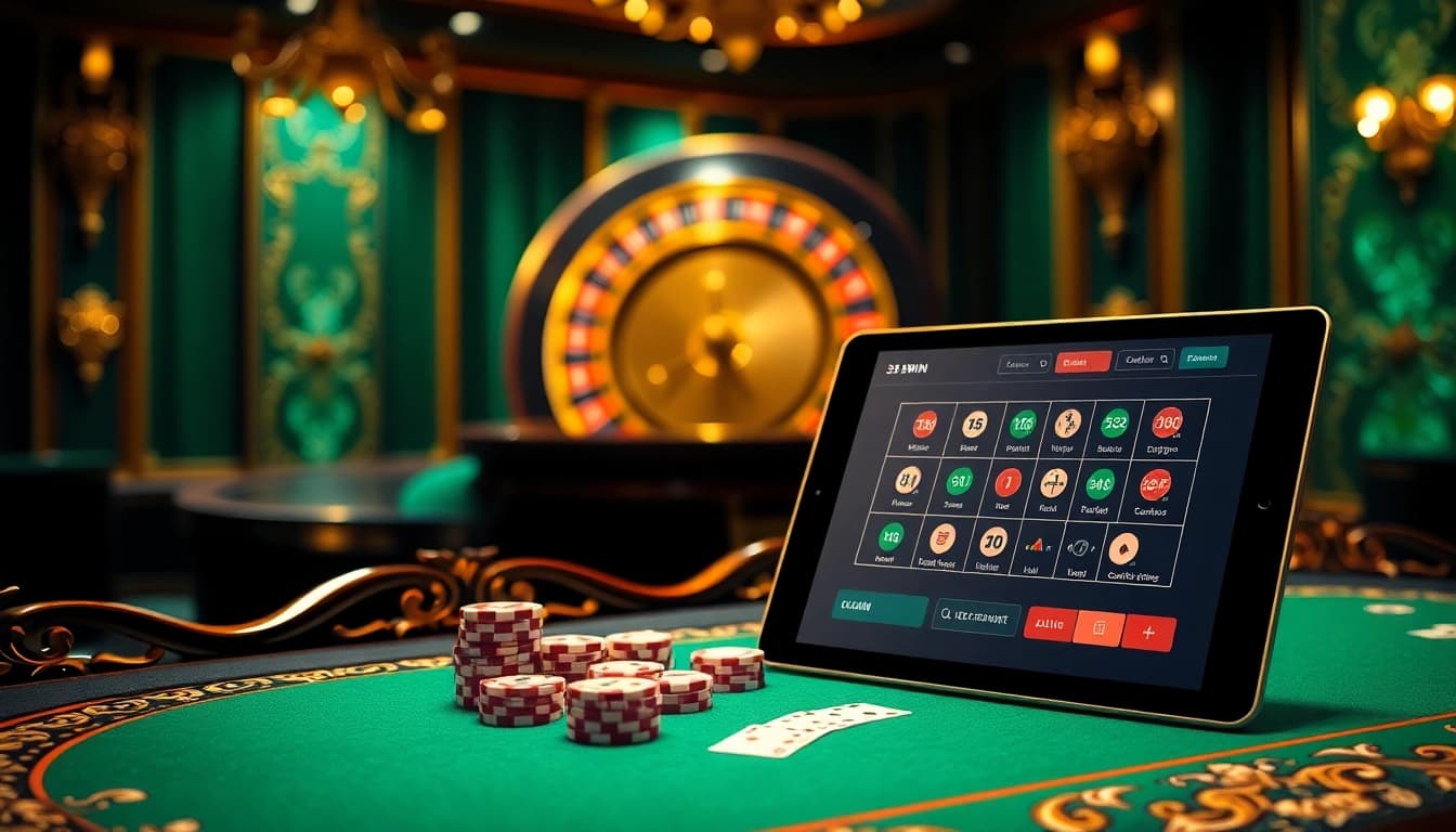 33win casino players engaging with lively poker tables and spinning roulette wheels.