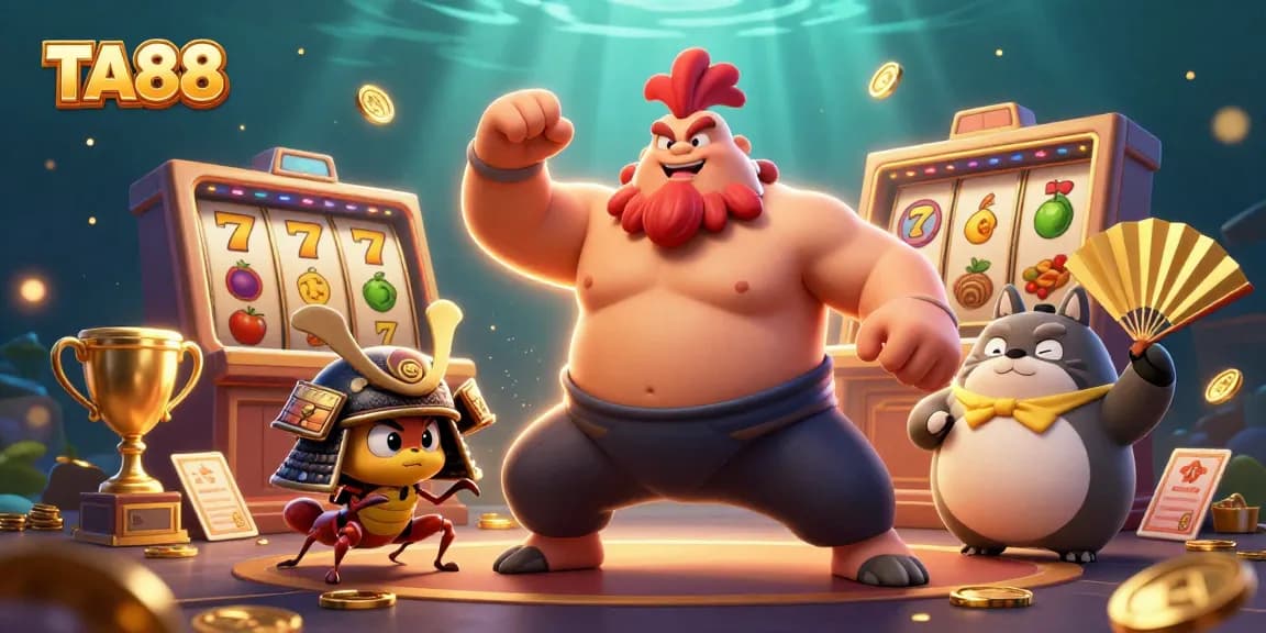 Engage with vibrant TA88 casino action featuring sumo wrestler rooster, samurai cricket, and tanuki announcer.