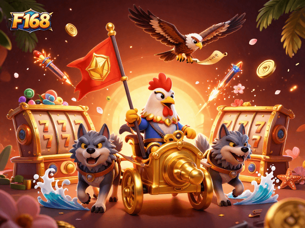Experience thrilling action at F168 with a vibrant 3D casino scene featuring unique characters and backdrop elements.