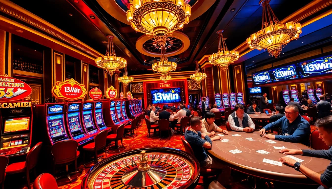 Experience the excitement of 13win with players at a vibrant casino table and slot machines.