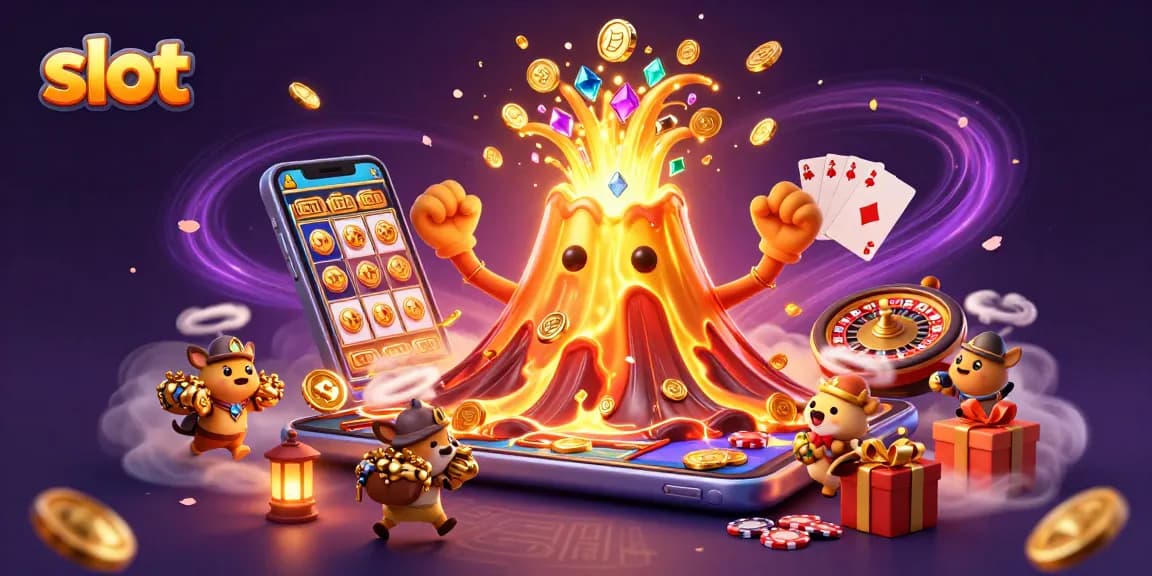 Mainkan slot dengan gunung berapi emas yang memuntahkan koin dan permainan slot berwarna-warni.