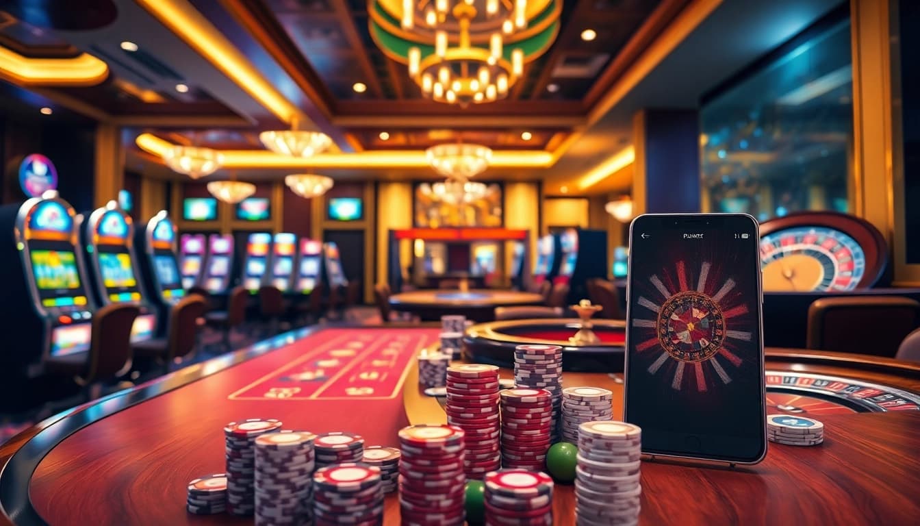 S8 casino scene with poker games, vibrant slot machines, and luxury betting accessories.