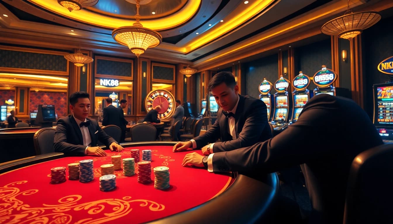 NK88 engaging poker game with players, chips, and a roulette wheel in an upscale setting.