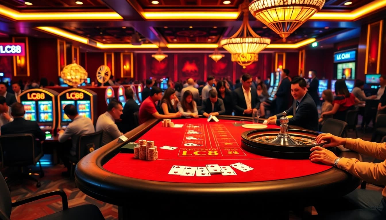 Players enjoying an exciting LC88 casino experience with vibrant poker chips and bright slot machines.