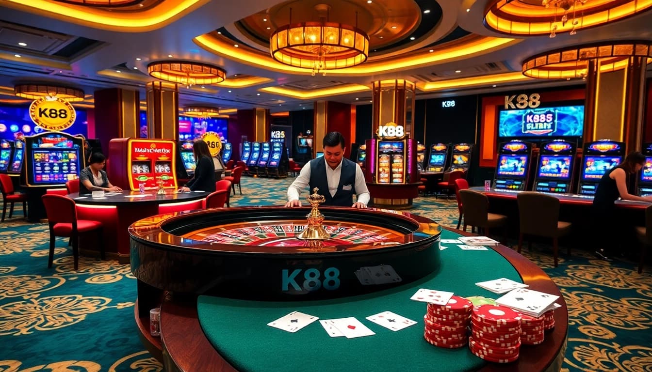 K88 online casino environment with roulette table, poker chips, and slot machines.