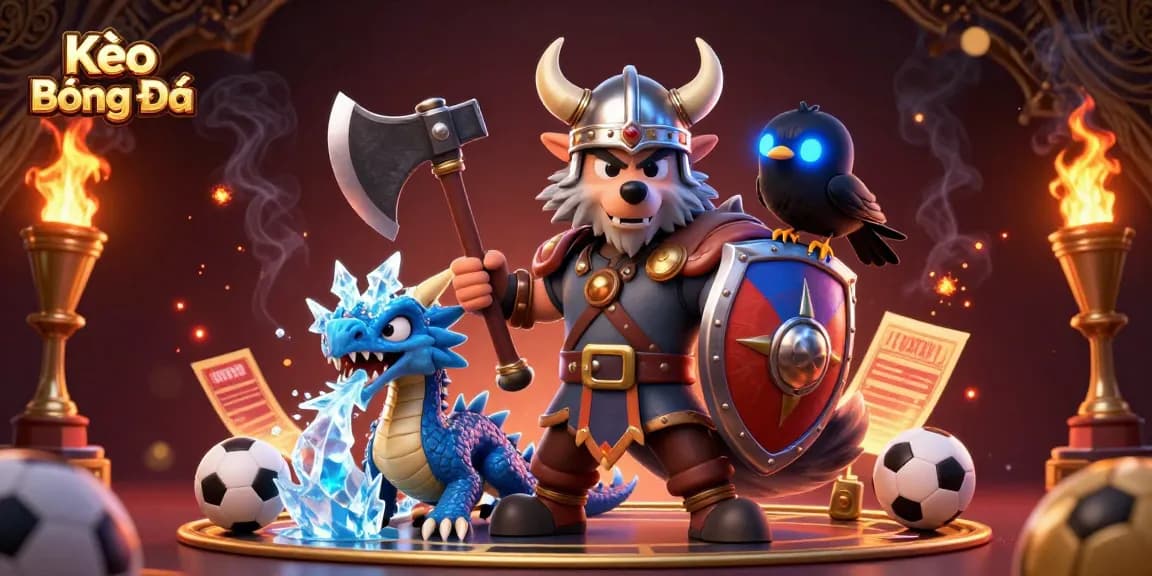 Kèo Bóng Đá sports betting scene with a Viking wolf warrior, ice-breathing dragon, and dynamic game elements.