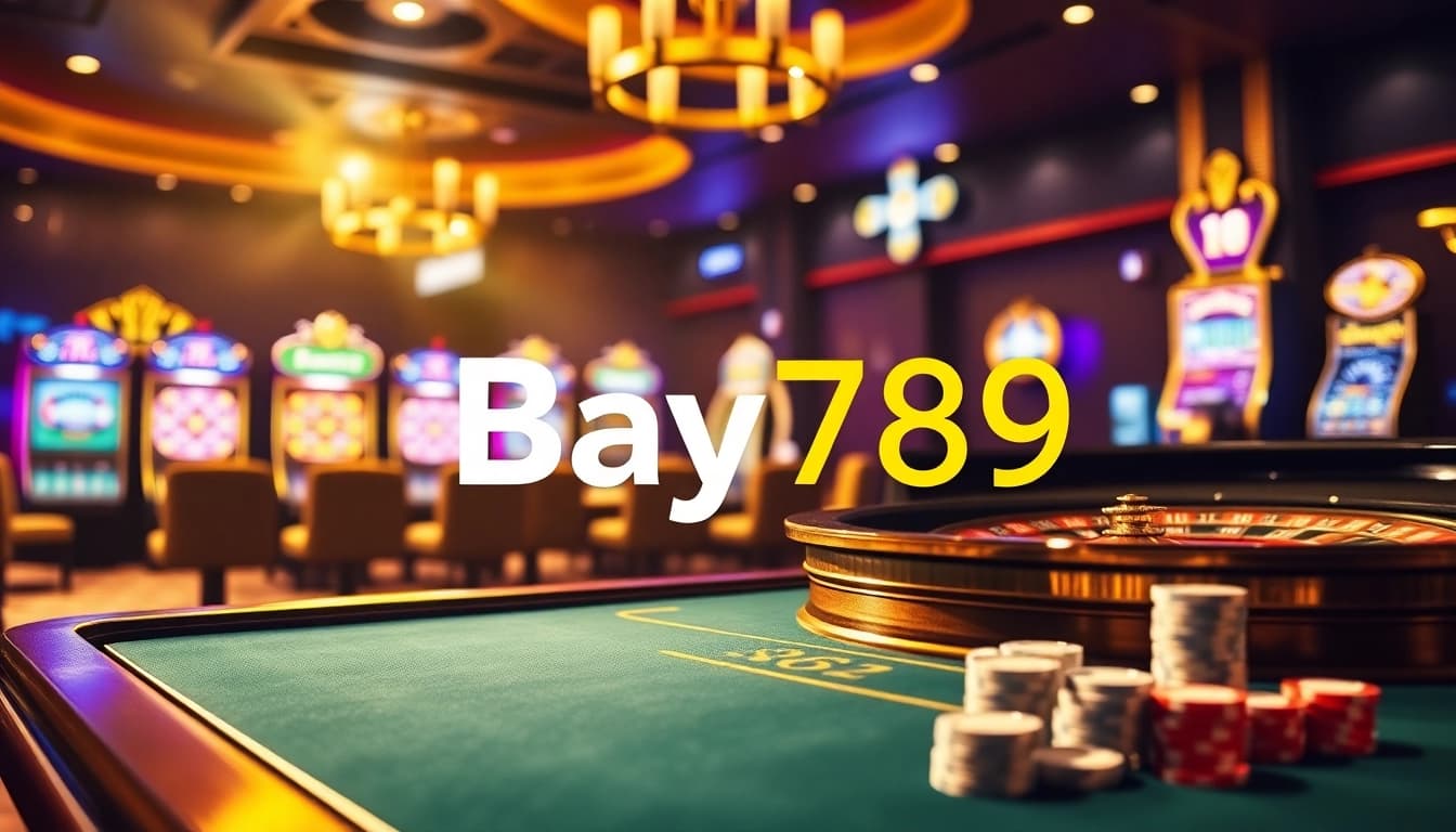 Exciting Bay789 casino scene with poker chips and a roulette table, capturing the thrill of gambling.