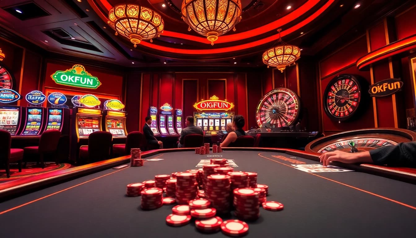 Players enjoying a thrilling casino game at OKFUN, surrounded by vibrant slot machines and poker chips.
