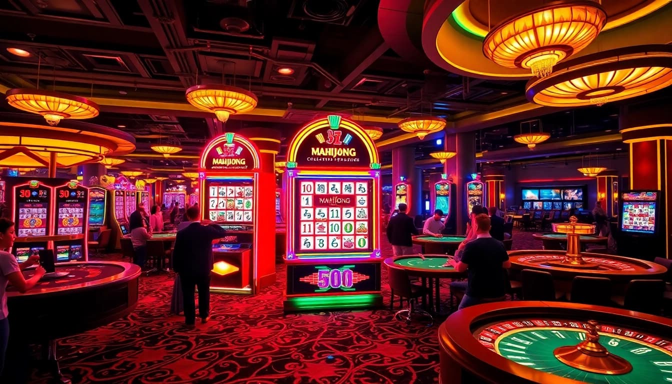 Pemain yang terlibat menikmati Mahjong Ways di mesin slot kasino mewah yang dikelilingi oleh kegembiraan.