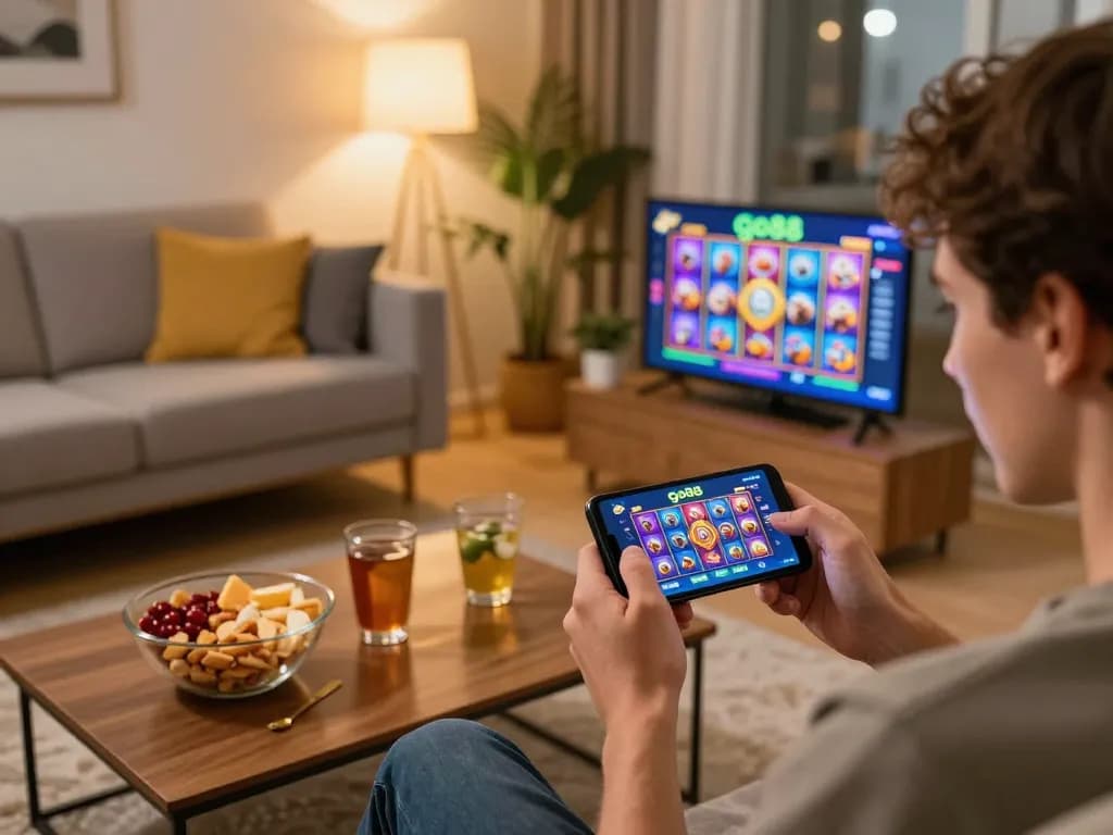 Player enjoying go88 mobile app for immersive gambling experience in a cozy living room