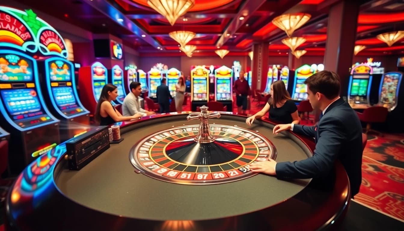 Experience the thrill of an Online Casino with players at a roulette table and vibrant slot machines.
