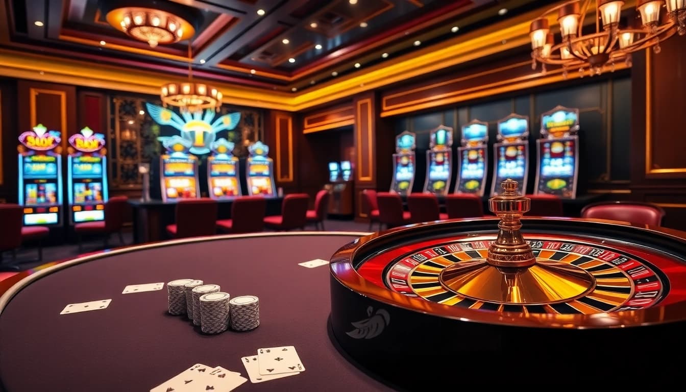 Experience thrilling gameplay at https://luckywin.com.co/ with vibrant casino scenes of poker and roulette.