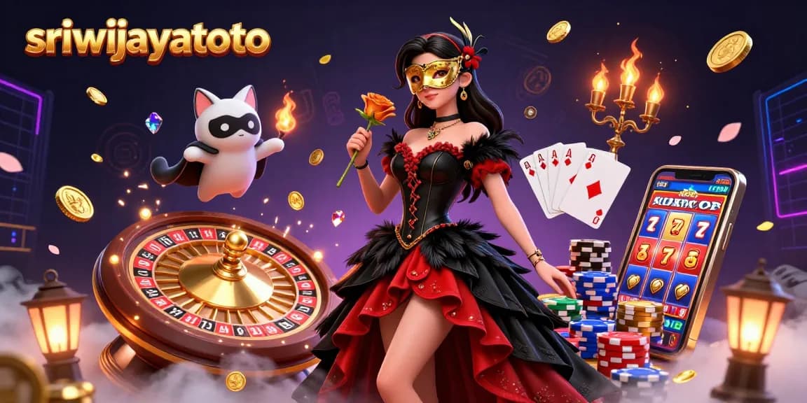 Sriwijayatoto showcases a glamorous casino scene with a masked woman, vibrant colors, and dynamic gaming elements.