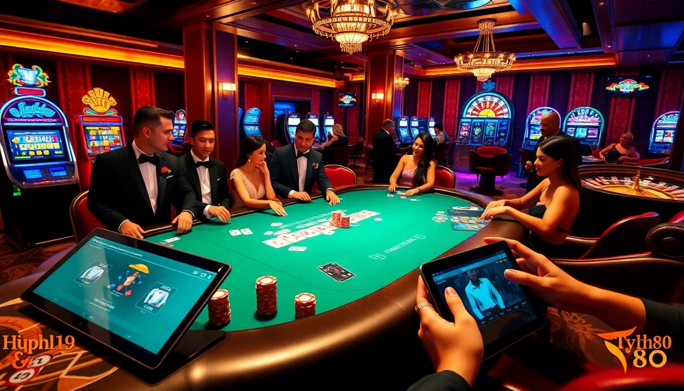 Vibrant casino scene at Typhu88 with players at a poker table, showcasing excitement and luxury.