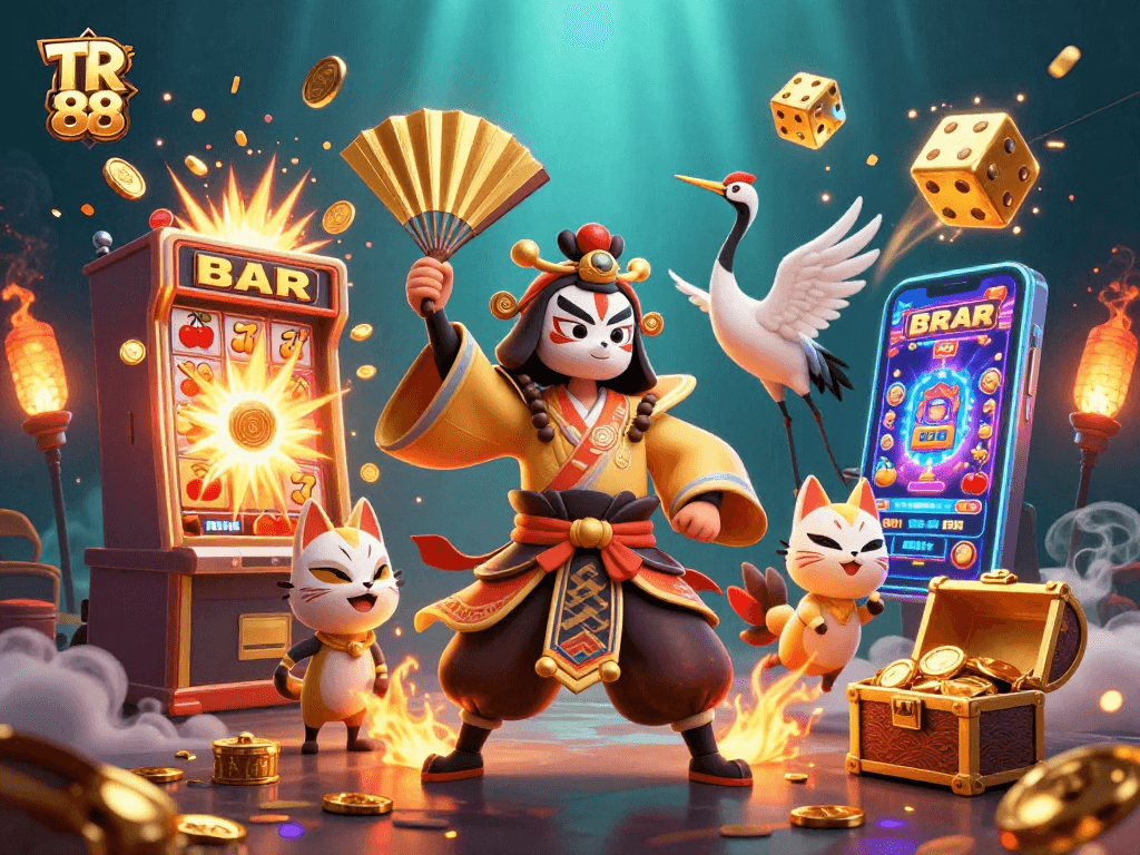TR 88 presents a vibrant casino scene with a kabuki warrior and rich gaming elements celebrating jackpot wins.