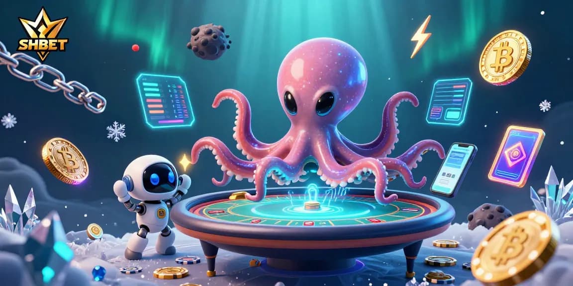 Engage with SHBET's thrilling alien casino illustration featuring an octopus and robot at a poker table.