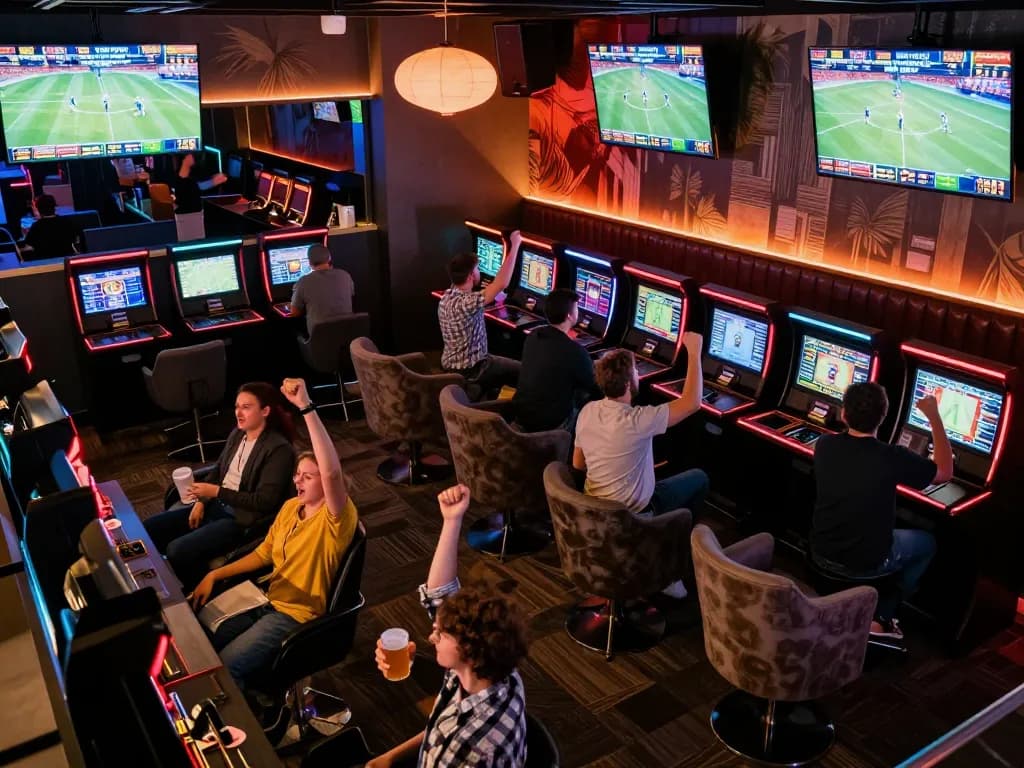 View of enthusiastic fans at MM88's sports betting lounge, placing bets and celebrating wins.