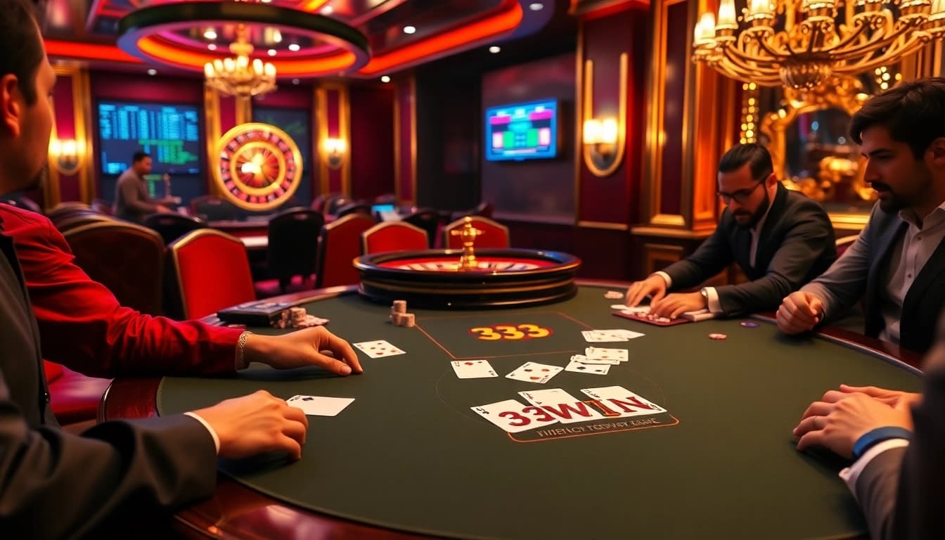 High-stakes poker action at a polished table with 33WIN-themed betting slips.