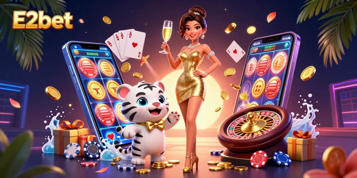 E2bet entertains with thrilling 3D casino scene featuring glamorous characters and vibrant gaming elements.