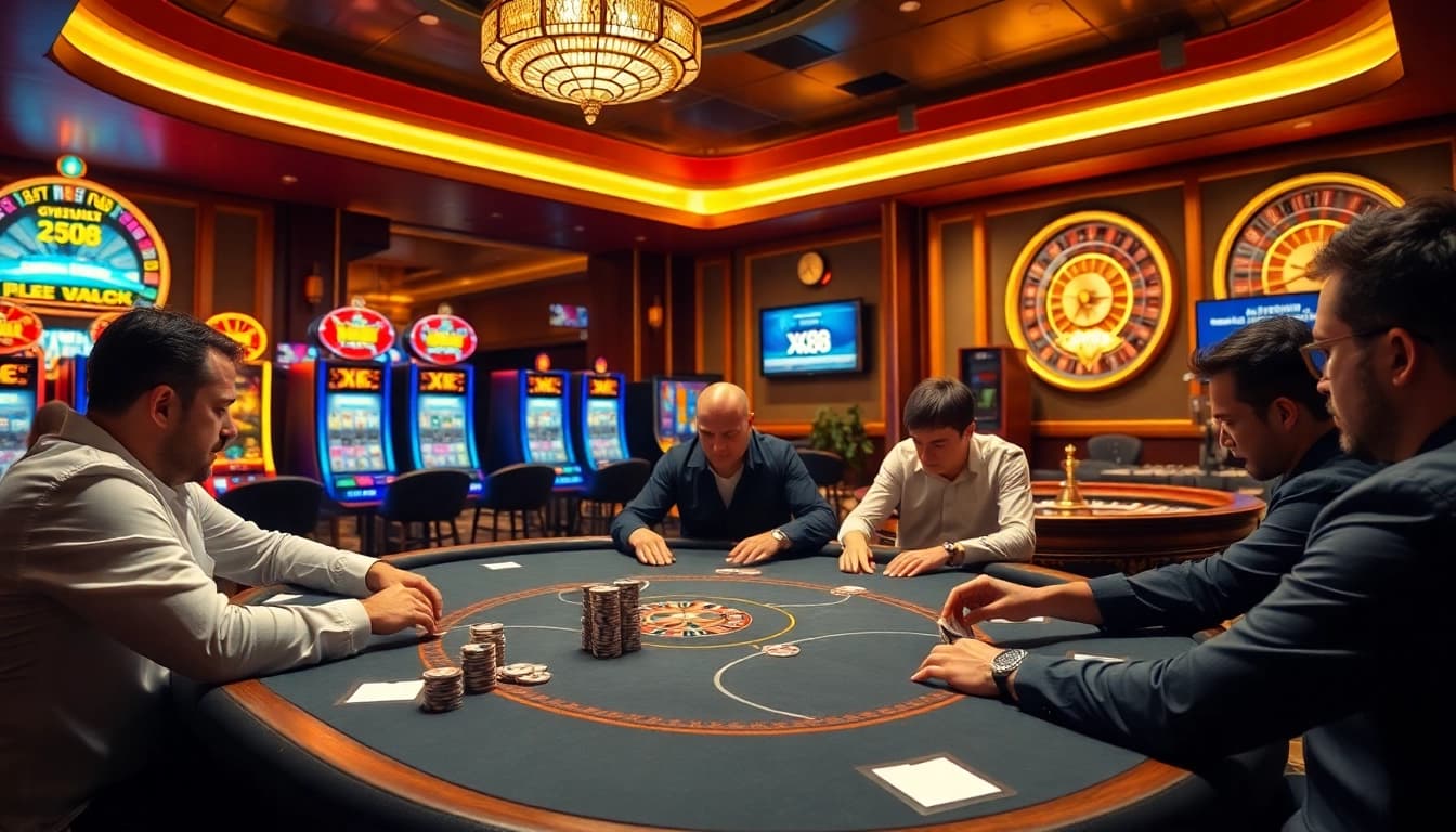 Players enjoying poker at a high-stakes table in the luxurious XX88 casino.