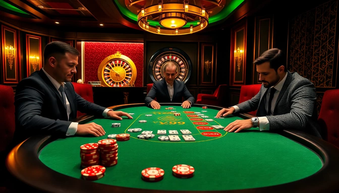 Experience excitement at the vz99 poker table with professional players and luxurious casino decor.