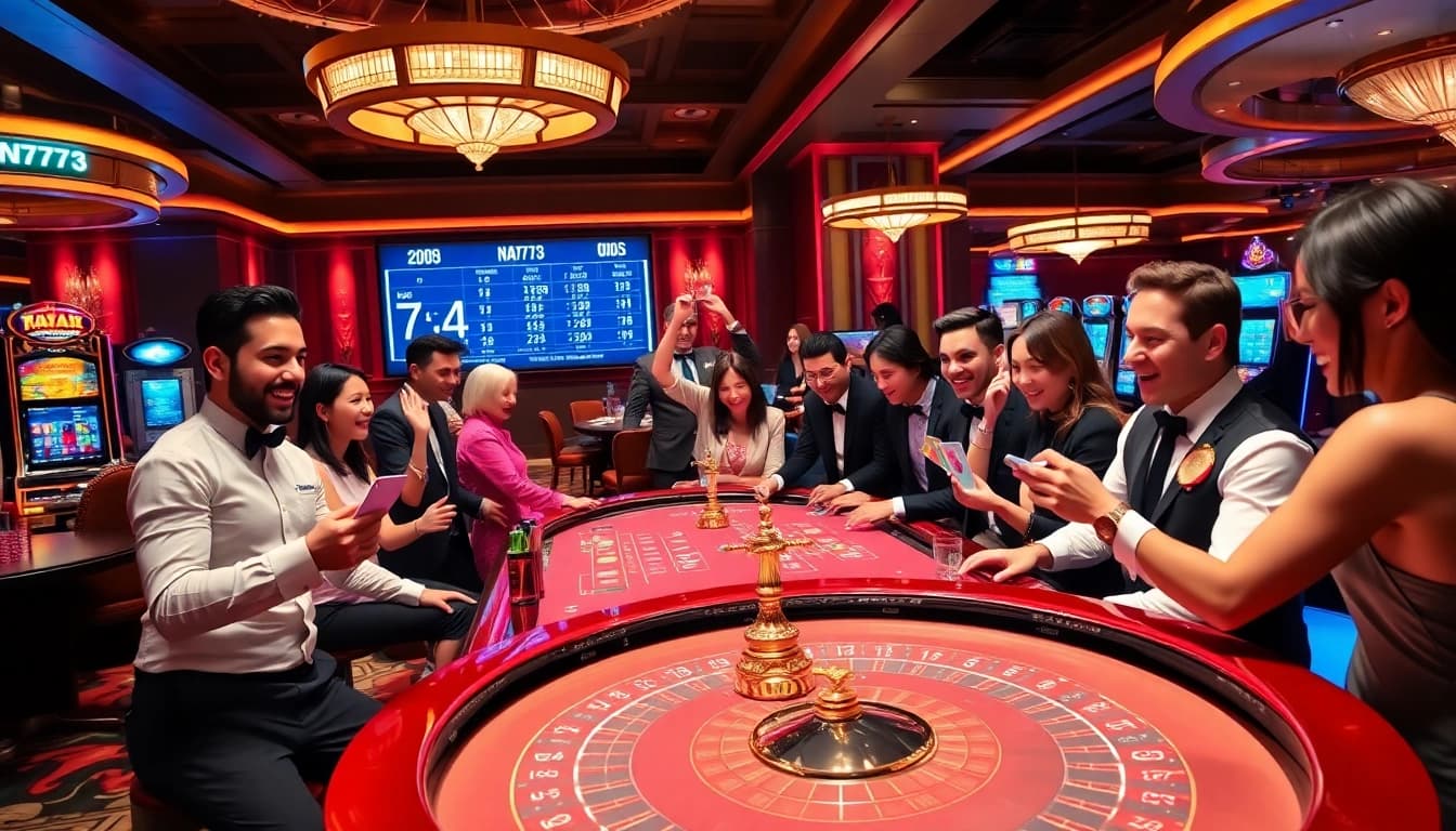 Experience the excitement of NA777 with vibrant casino tables, dealers, and players celebrating wins.