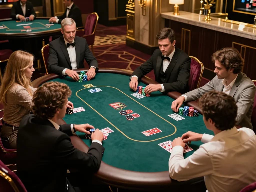 Engaging players at high-stakes poker table showcasing Link O8's exciting casino atmosphere.