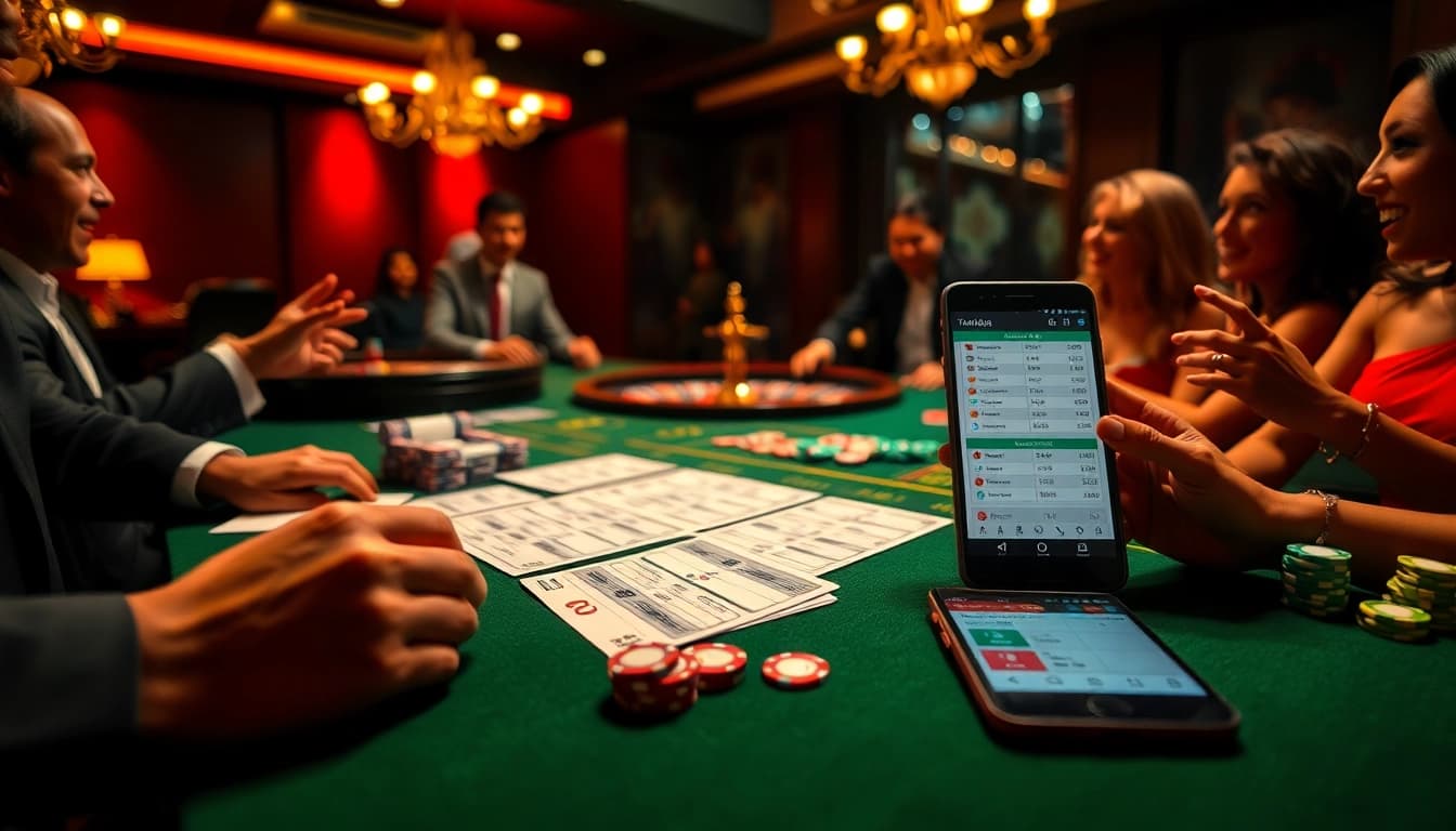 Engaging Taruhan Bola scene with a betting table, excited players, and colorful chips.