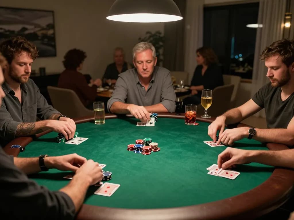 AntoineLarocque bets strategically at a lively poker table during home game night.